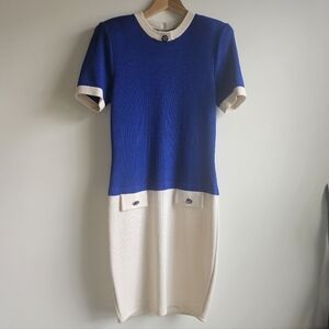 Vintage 90s St. John Classic Knit Blue Cream Colorblock Dress